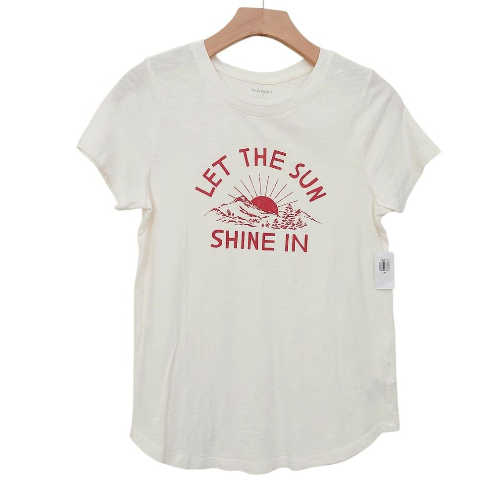 Old Navy T-Shirt Womens XS Beige Short Sleeve Graphic Print Cotton Casual Travel